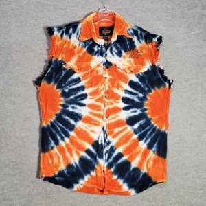 Bikers Club‎ Men Denim Shirt L Orange Tie Dye Sleeveless Laughlin River Run